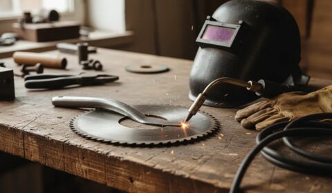 Old saw blade being welded in a workshop to repurpose it into a DIY garden tool