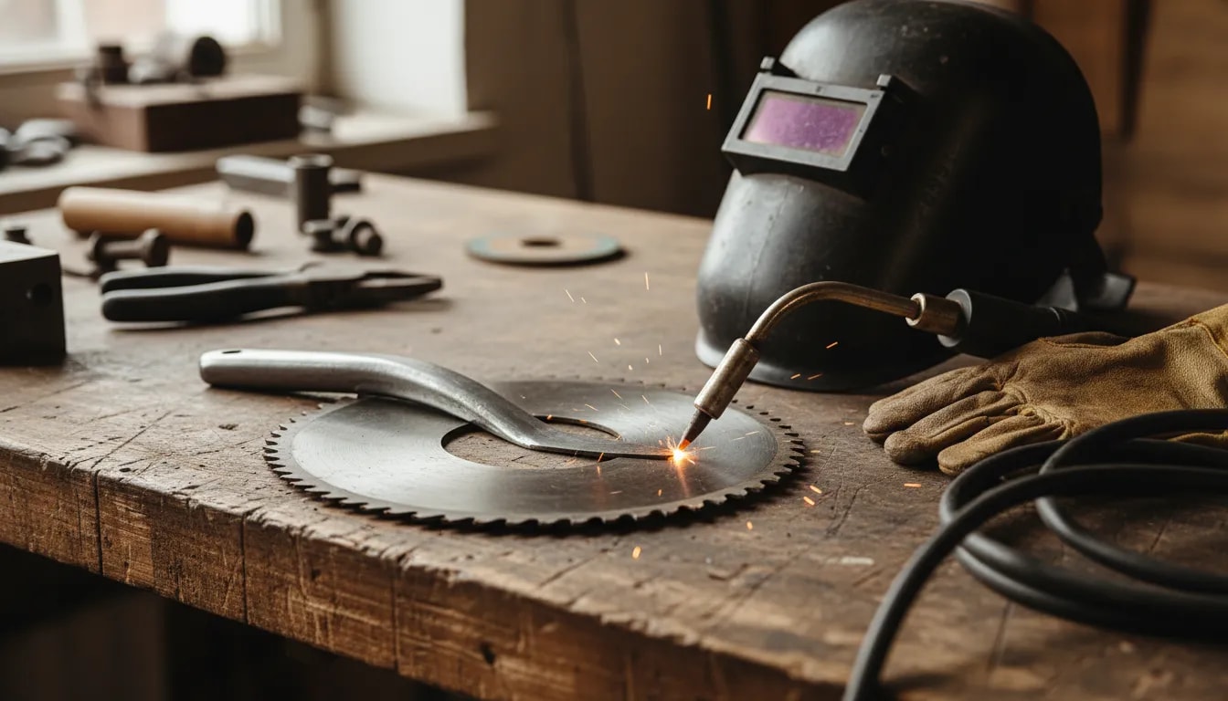 Old saw blade being welded in a workshop to repurpose it into a DIY garden tool