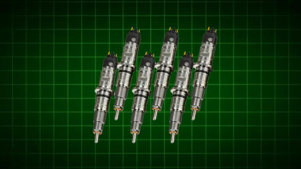 Six fuel injectors arranged on a green grid background