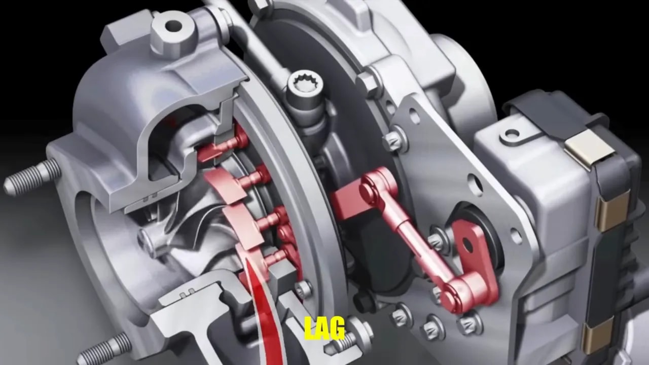 Turbocharger cutaway showing a ring of red vanes and an external actuator linkage