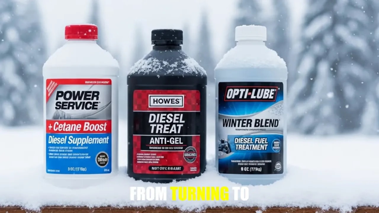 Power Service Diesel Fuel Supplement, Howes Diesel Treat, and Opti-Lube Winter Blend bottles in snow